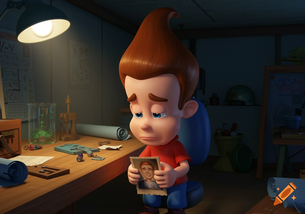 Cartoon character Jimmy Neutron looks sad while holding a photo at his desk.