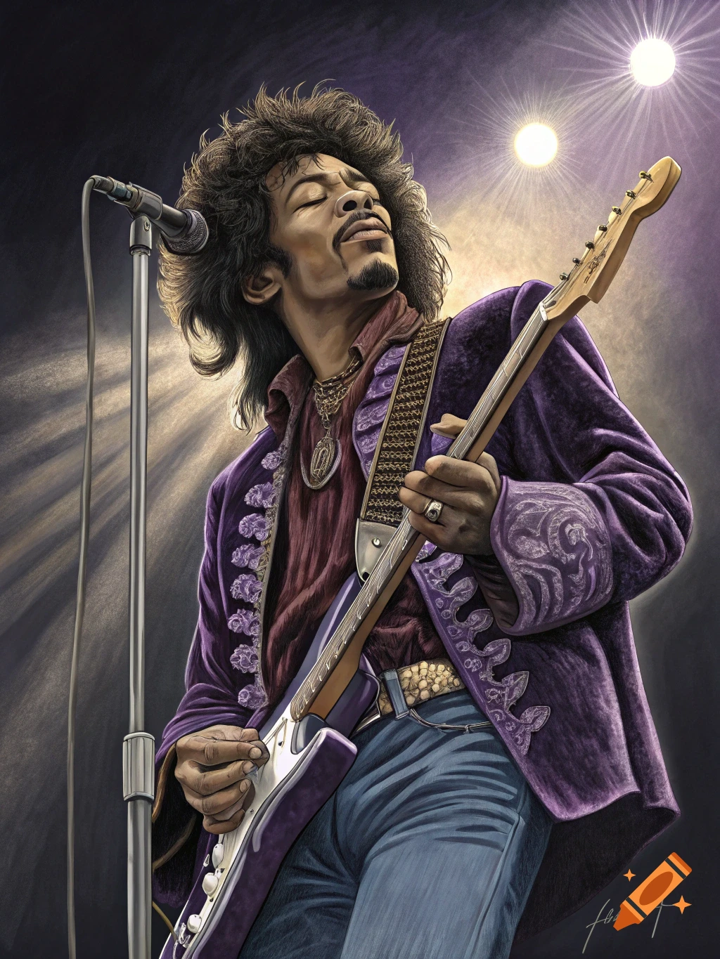 Illustration of Jimi Hendrix playing a guitar on stage