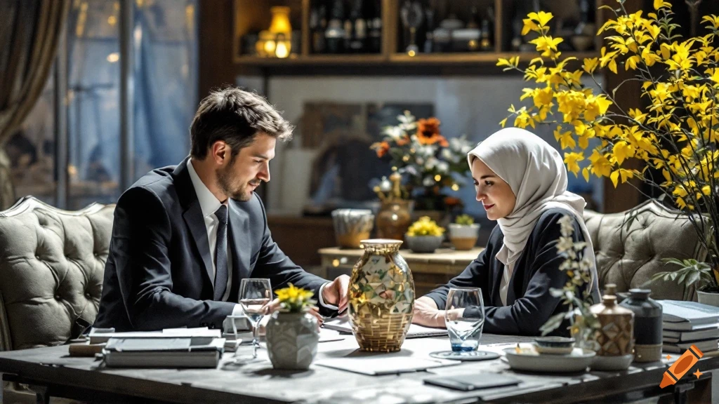 Photorealistic image of a man and a woman in formal attire seated at a table.