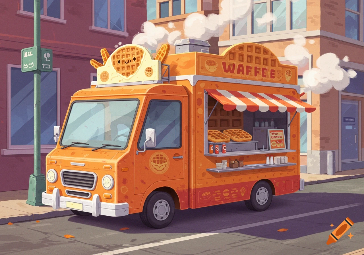 Illustration of an orange waffle food truck parked on a city street.