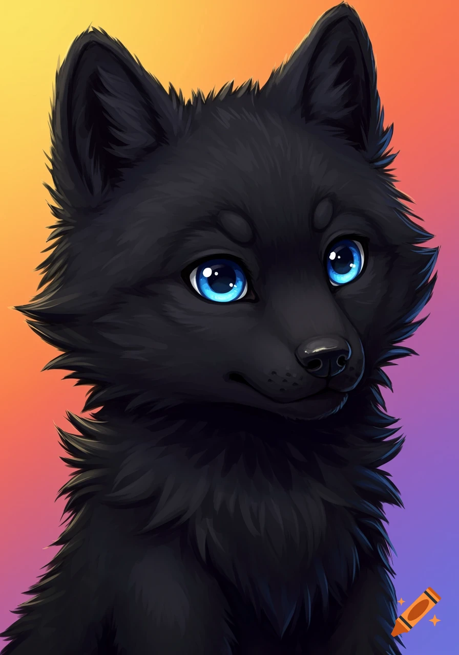 Black wolf cub with bright blue eyes in fanart style