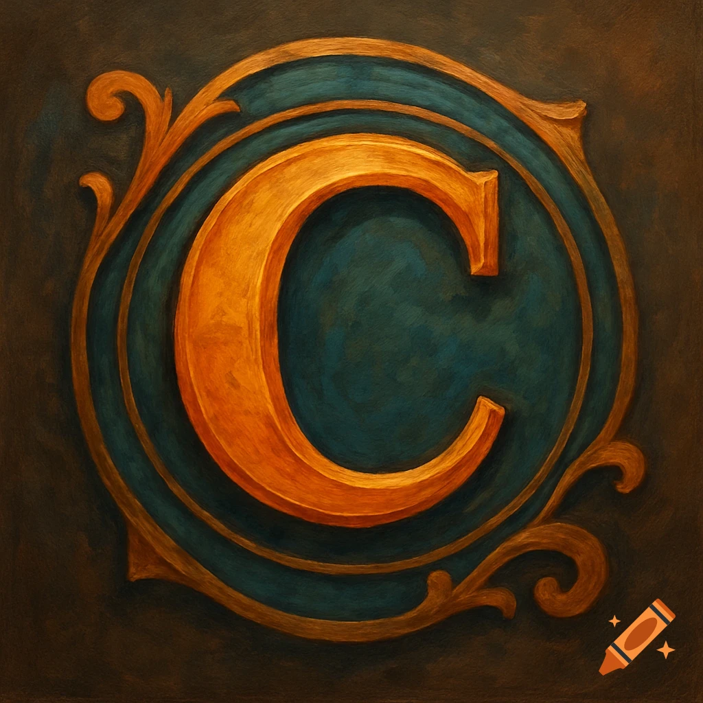 Stylized golden letter C in an ornate blue and gold circular frame, painted.
