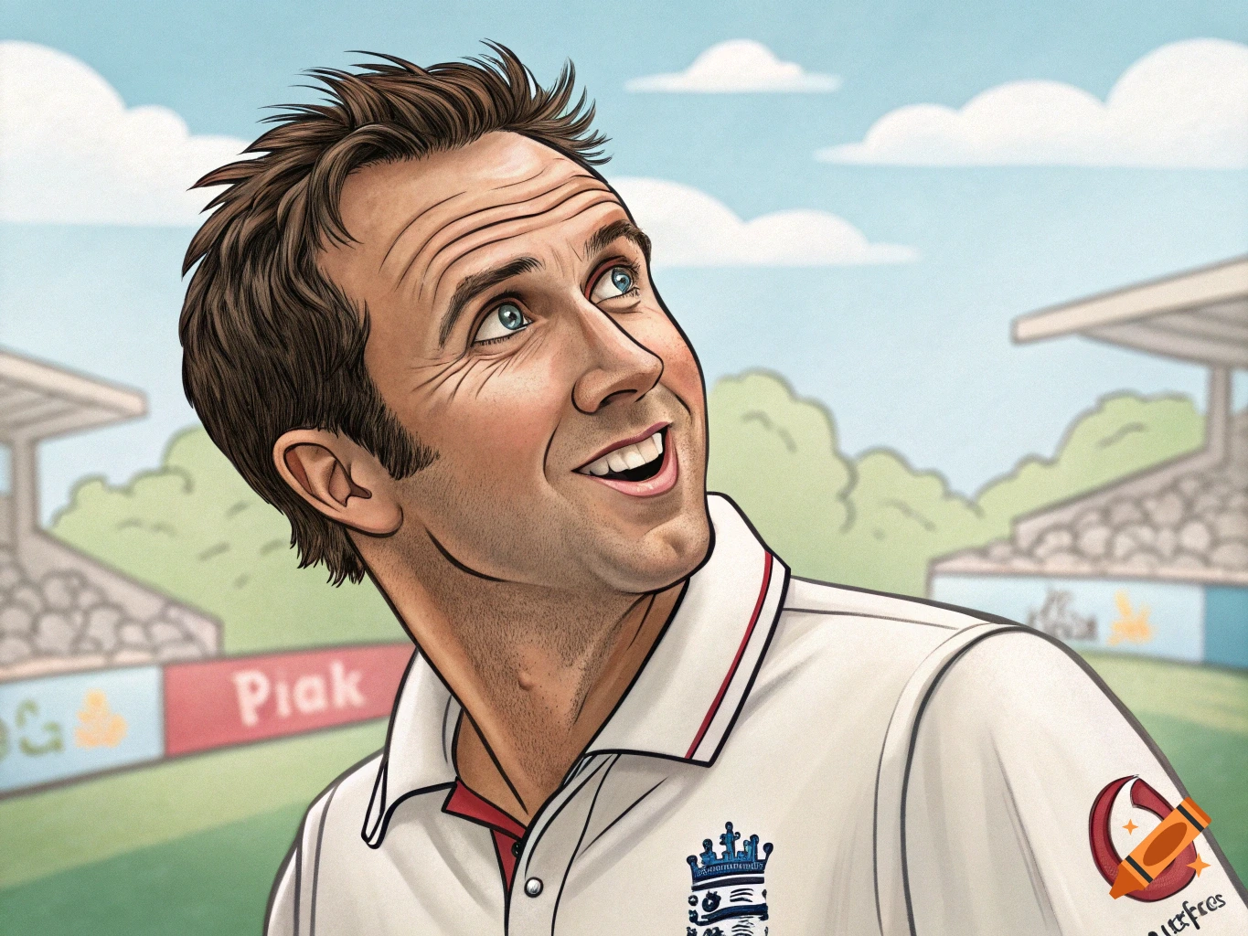 Cartoon portrait of a man resembling Michael Vaughan in a cricket stadium.