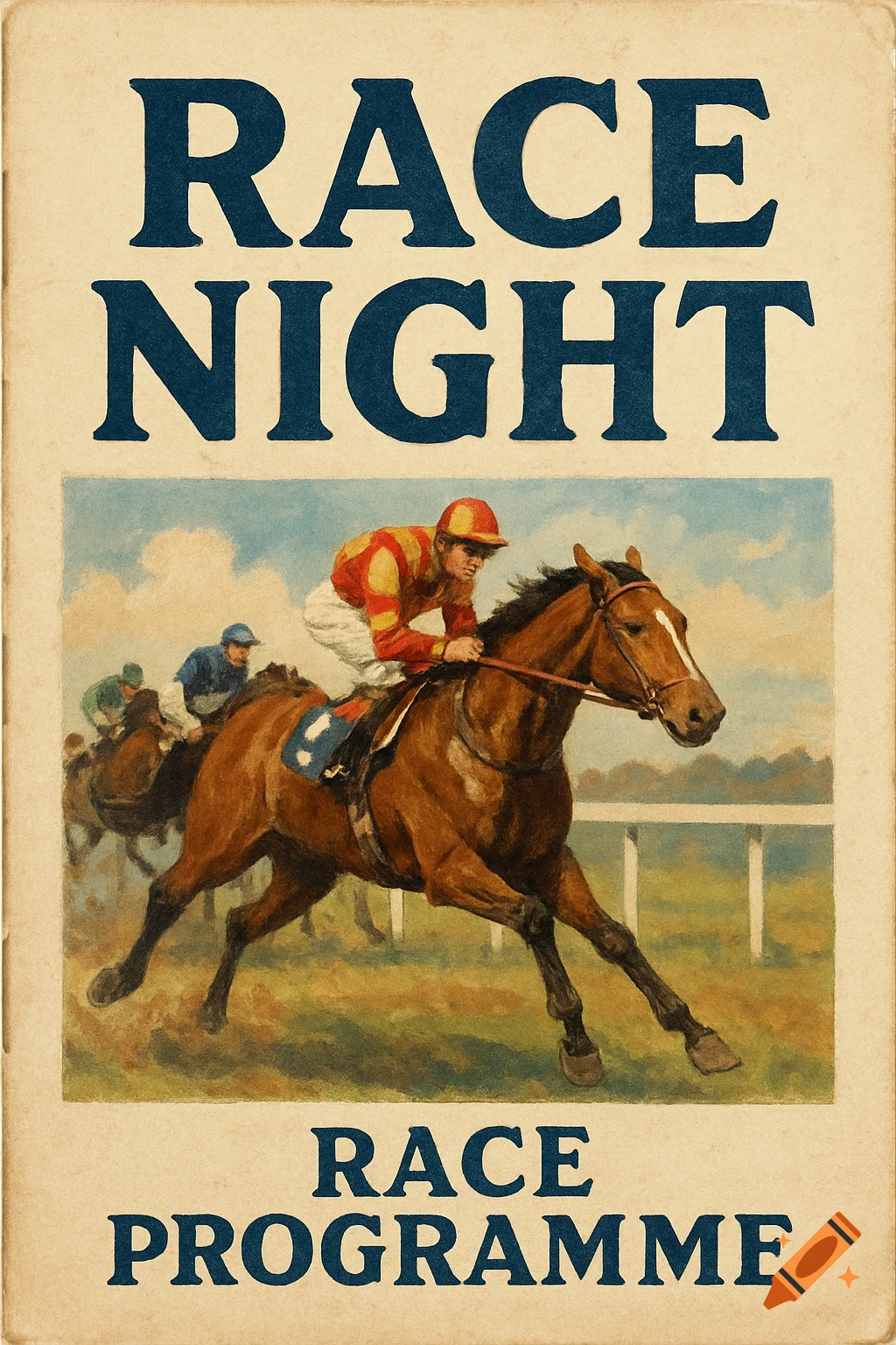 A vintage-style painted illustration of a horse race with text 'Race Night Race Programme'.
