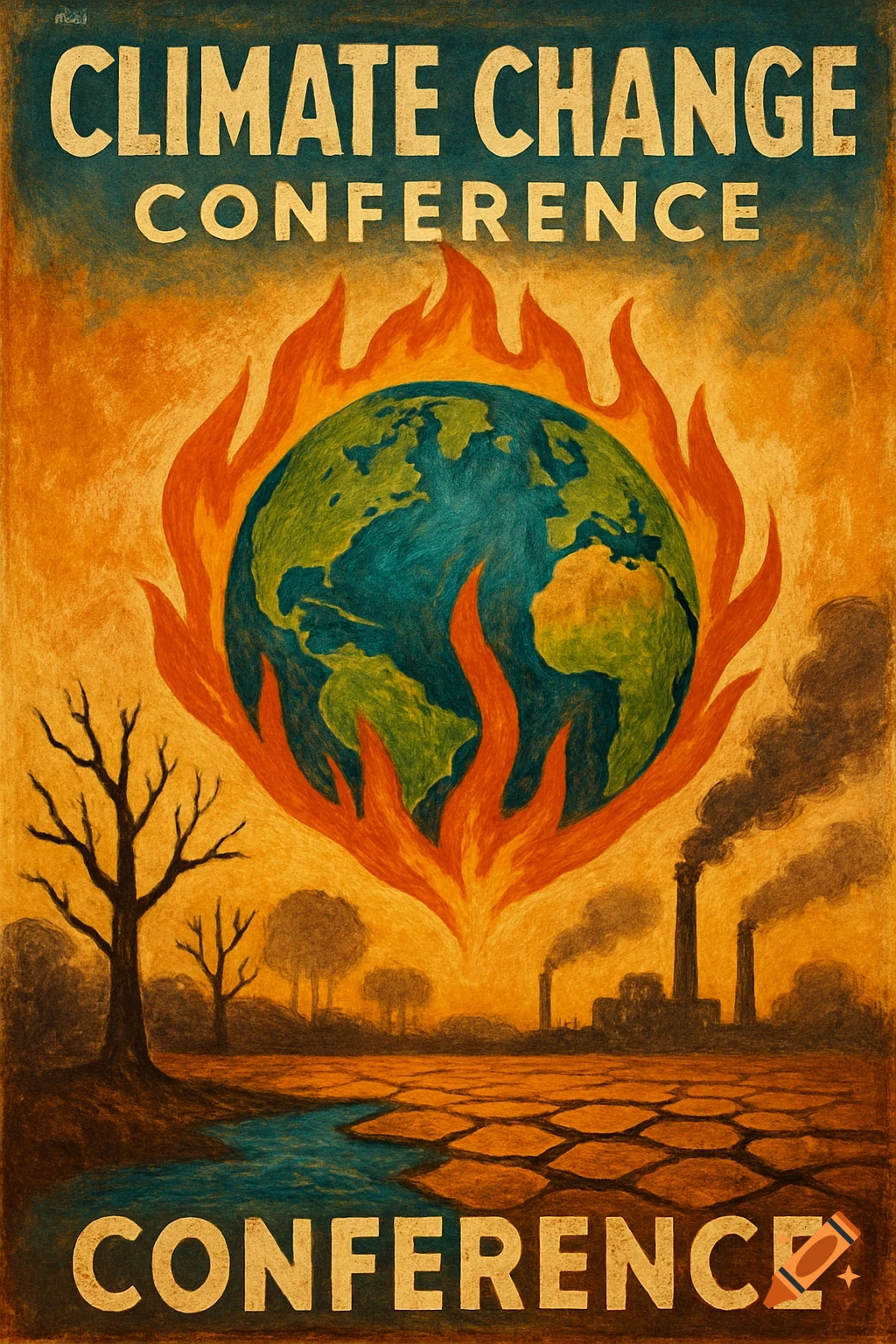A poster depicts the Earth burning, a dry landscape with industrial pollution, and text 'CLIMATE CHANGE CONFERENCE'.