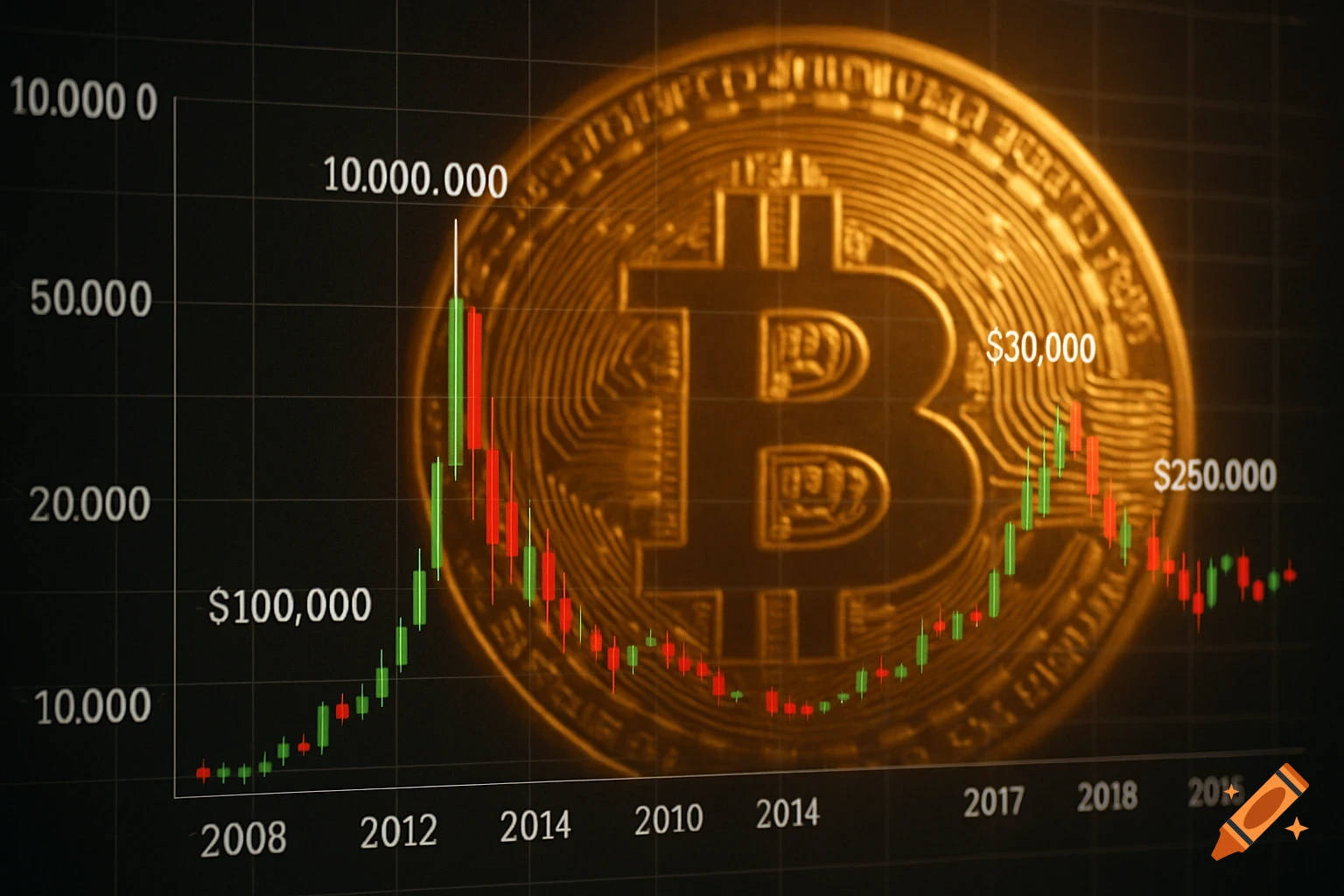 A close-up shot of a Bitcoin candlestick chart with price points and dates overlaid on a golden Bitcoin coin.