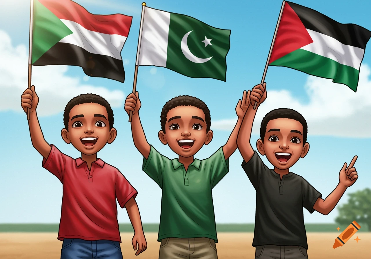 Three smiling boys holding Sudanese, Pakistani, and Palestinian flags.