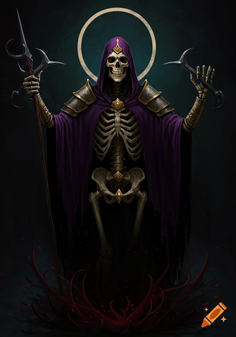 Dark fantasy art of a skeleton in armor and purple robe holding weapons