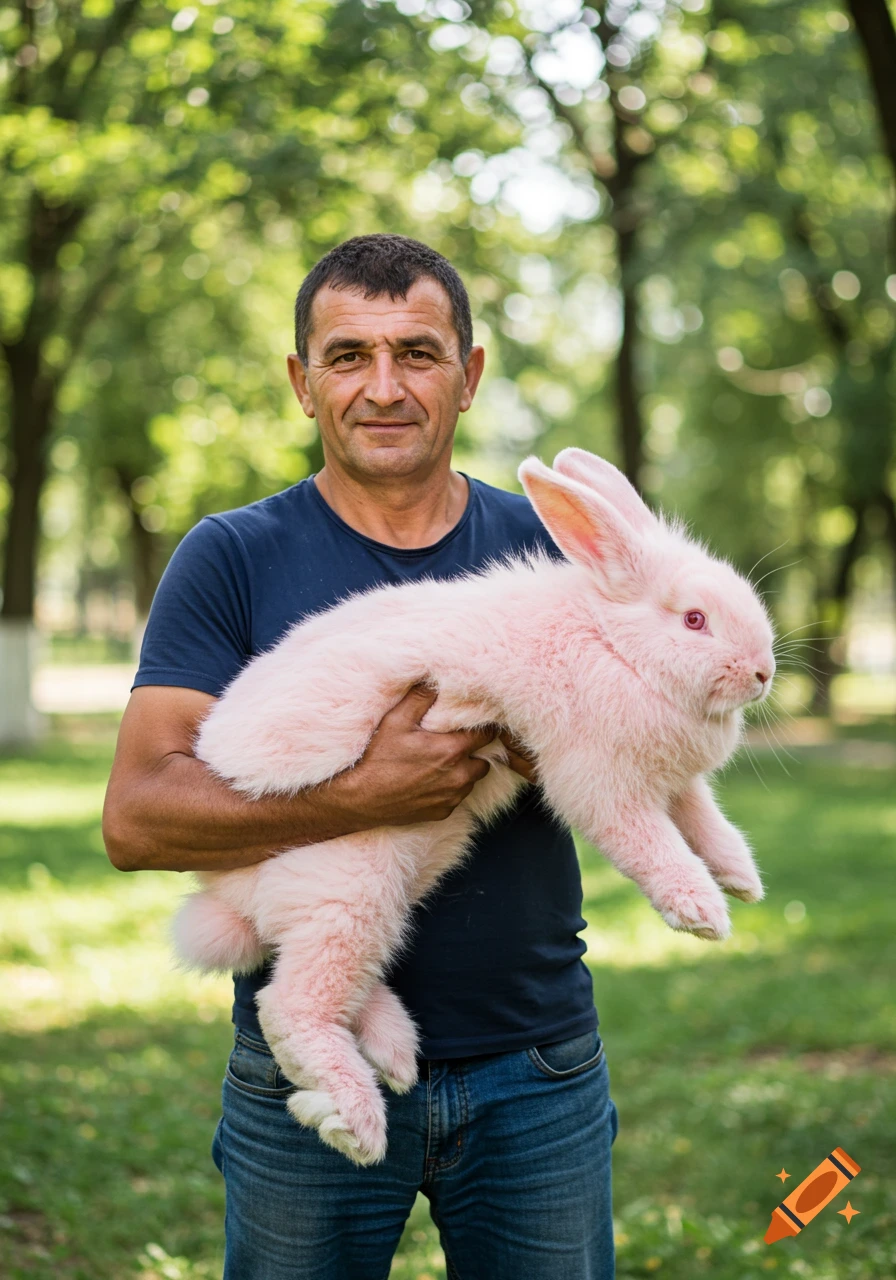 A man holding a very large pink bunny in a park. on Craiyon