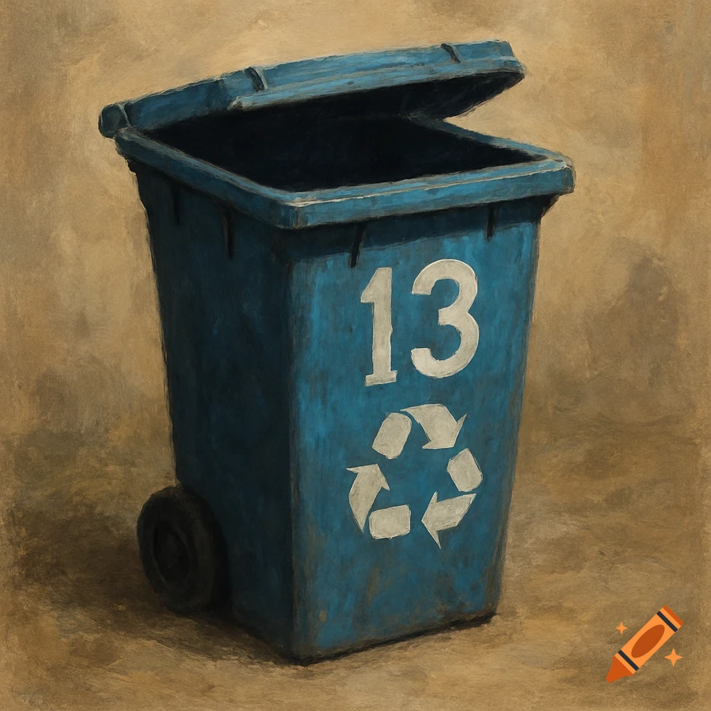 A blue recycle bin with the number 13 and a recycling symbol, in a textured painting style.
