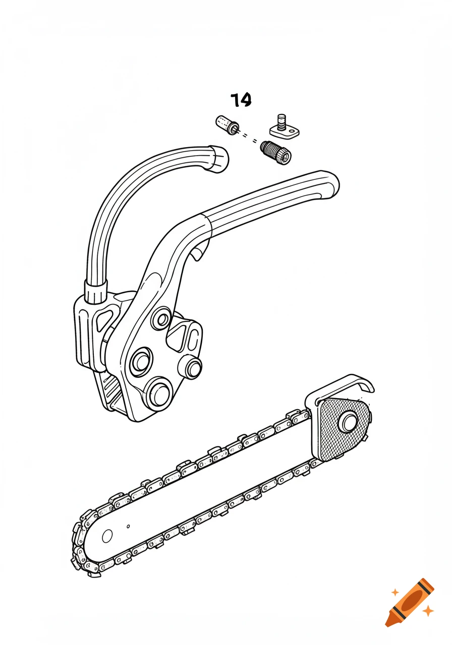 Black line drawing of a chainsaw brake lever, handle, and chain assembly.