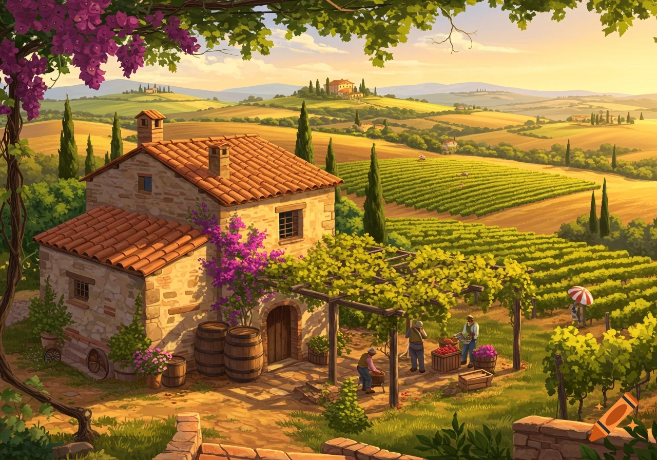 Painterly scene of an Italian vineyard with a stone house, rolling hills, and figures working among the grapevines.