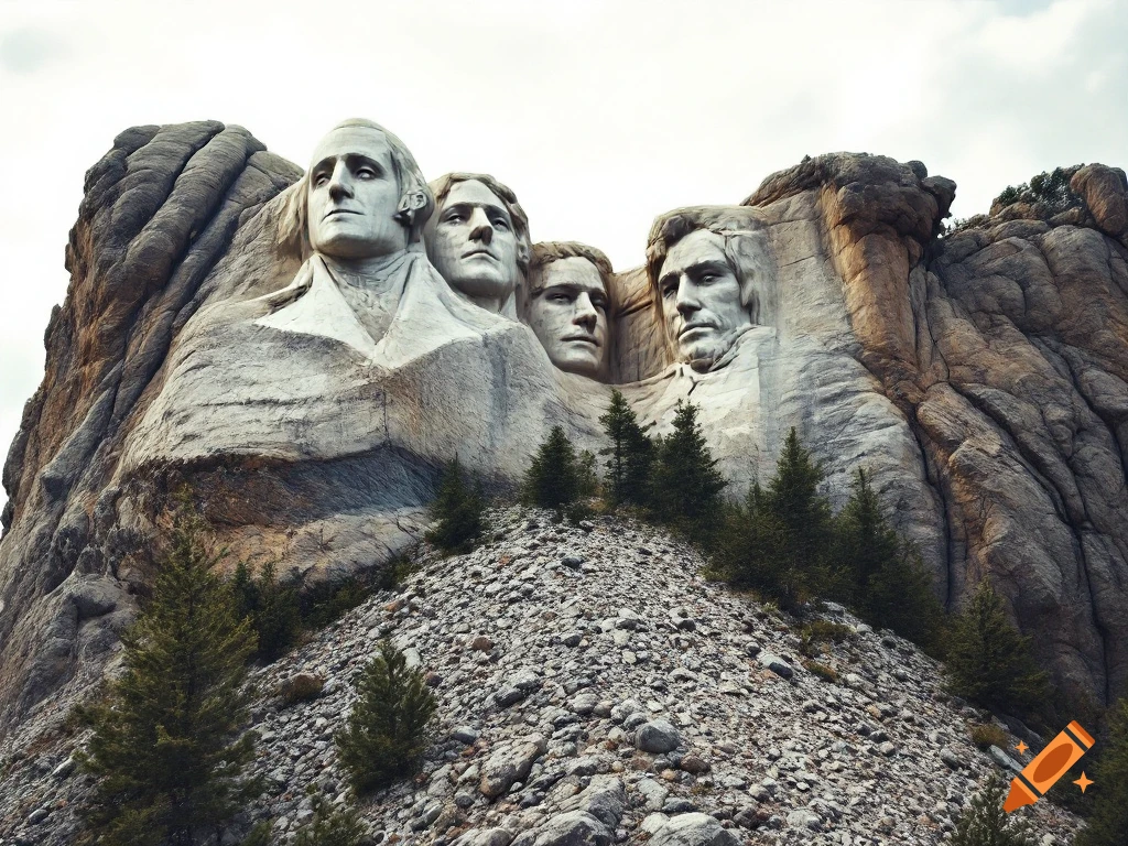 Mount Rushmore style mountain carving of four faces.