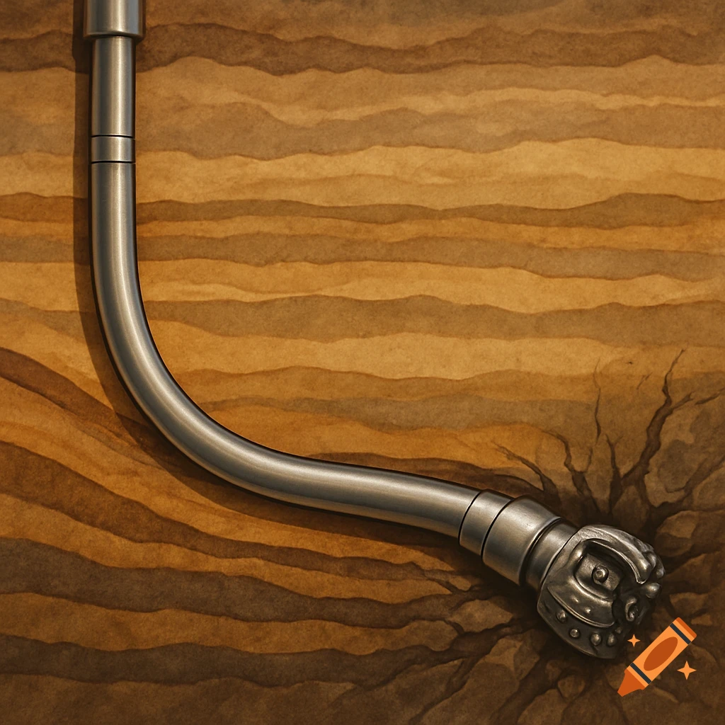 A curved drilling pipe with a bit digs into layered earth in an illustrative style.