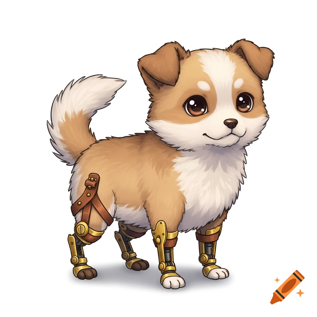 A cute anime puppy with steampunk prosthetic legs.