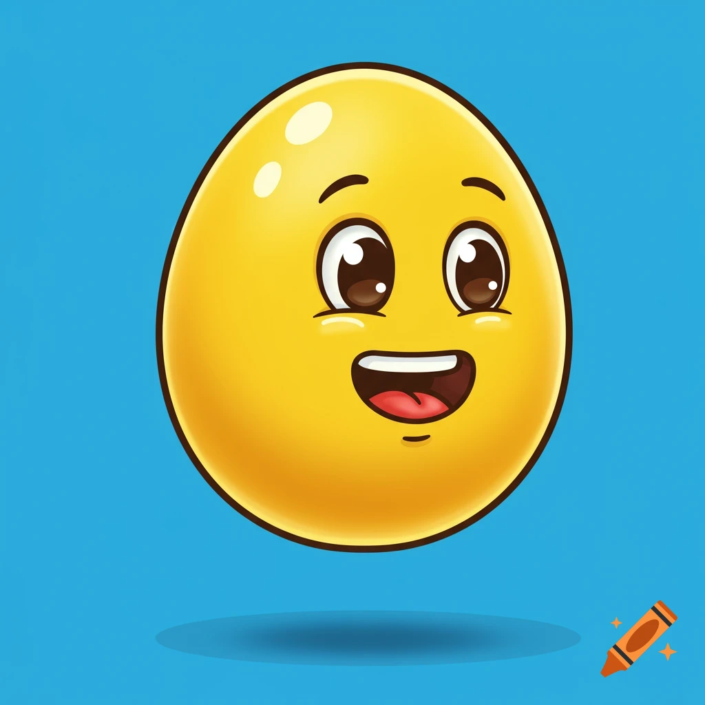 A cartoon yellow egg with a happy face floats.