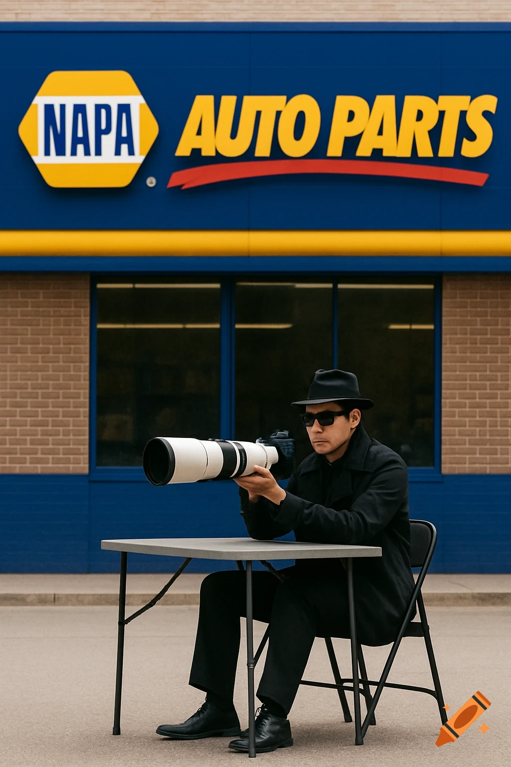 A man dressed as a spy sits at a table with a long lens camera outside a NAPA Auto Parts store.