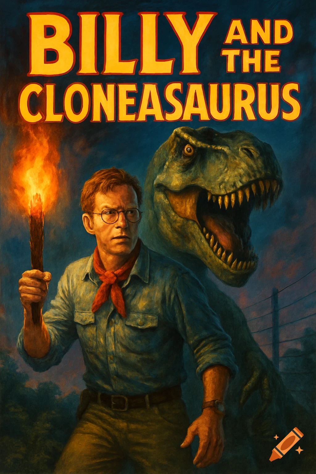 Illustrated movie poster featuring a man with a torch and a roaring dinosaur.