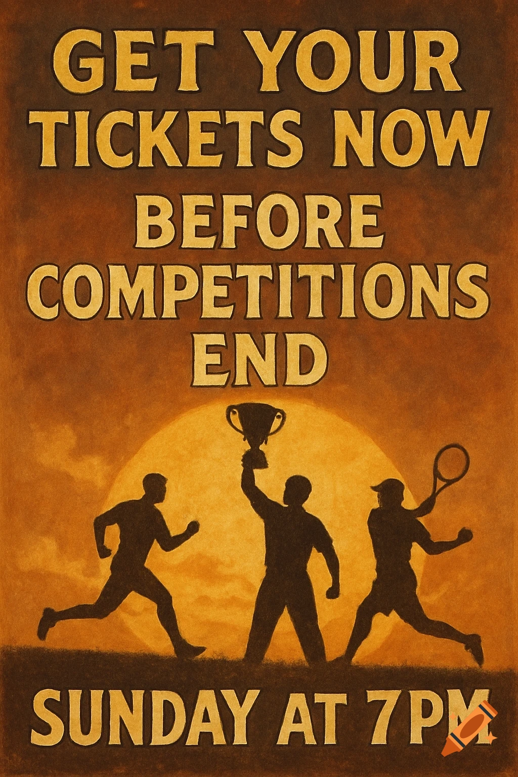 Poster with text 'GET YOUR TICKETS NOW BEFORE COMPETITIONS END SUNDAY AT 7PM' and athlete silhouettes.