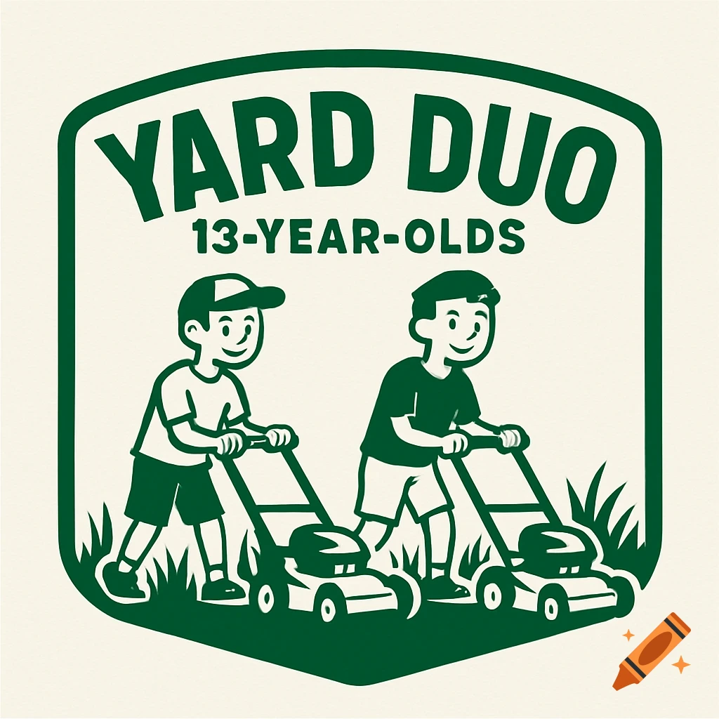 A logo illustration in green and white shows two stylized boys pushing lawnmowers in front of text that reads "YARD DUO 13-YEAR-OLDS".
