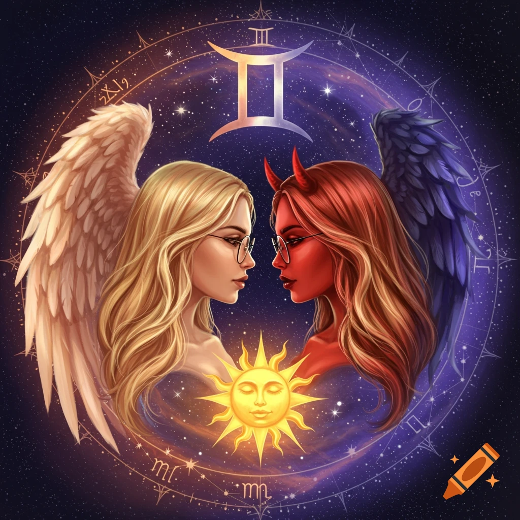 Illustrative depiction of angel and devil women under Gemini symbol and zodiac