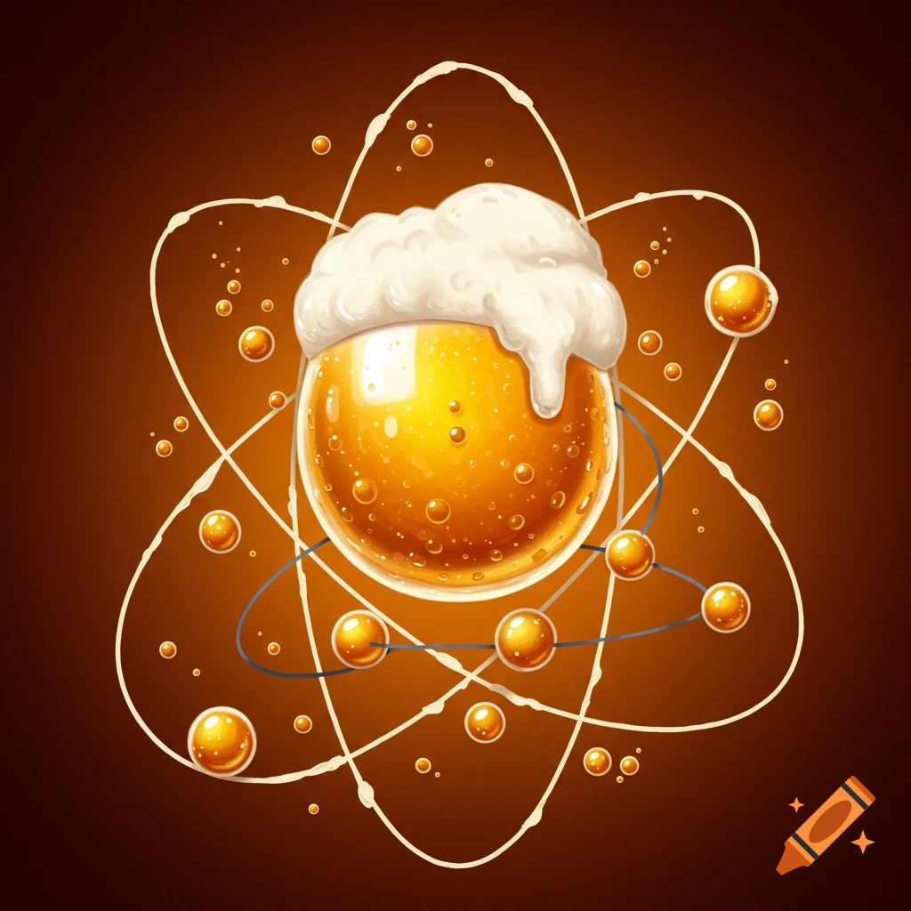 Illustration of a beer glass depicted as an atom with orbiting electrons.