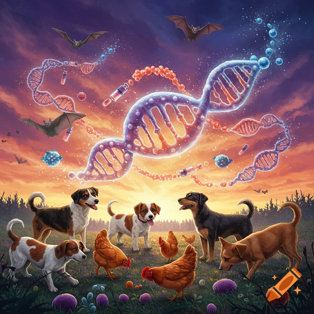 Dogs, chickens, and bats in a field with floating DNA helixes and science elements under a dramatic sky.