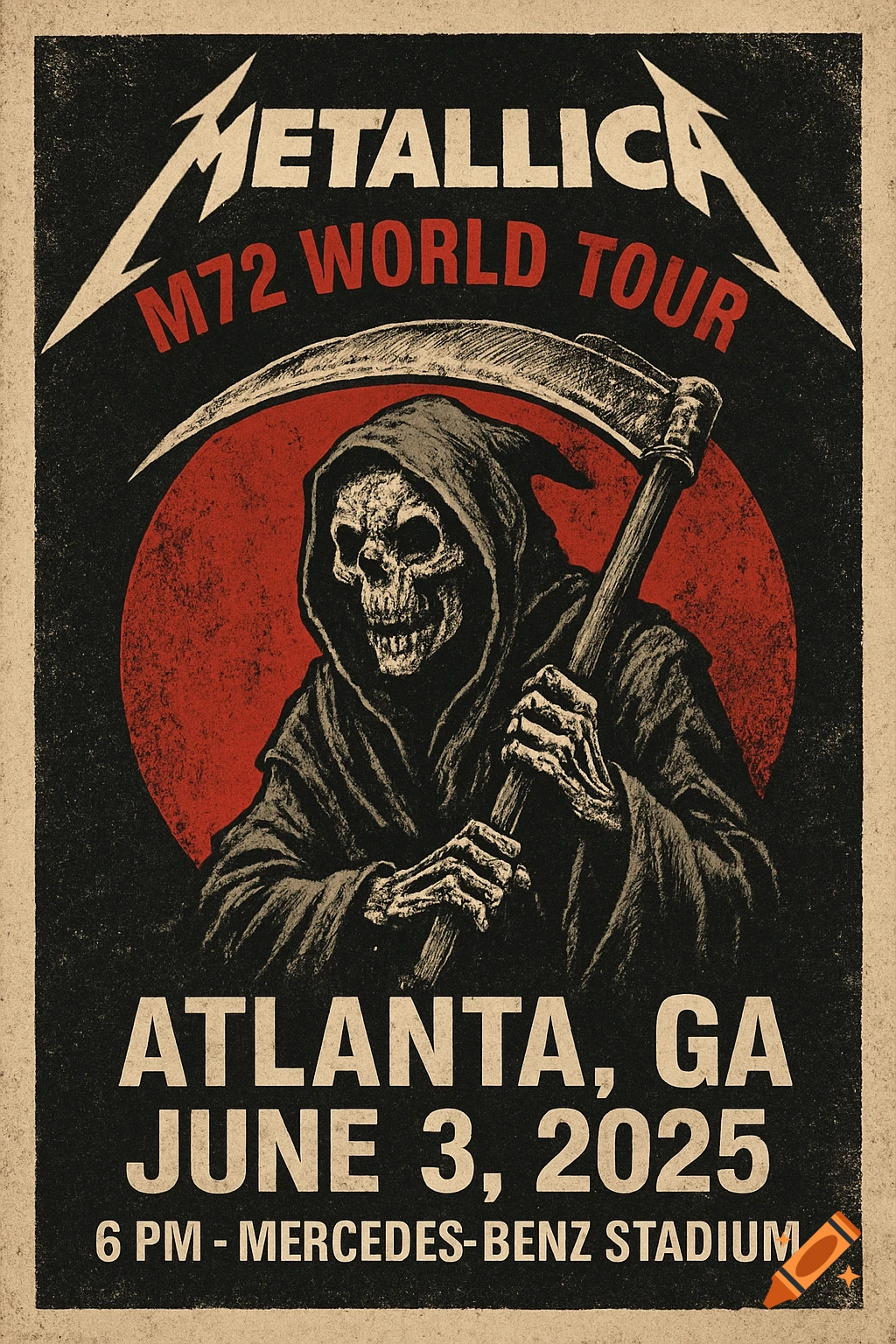 Metallica concert poster with Grim Reaper and scythe in vintage style