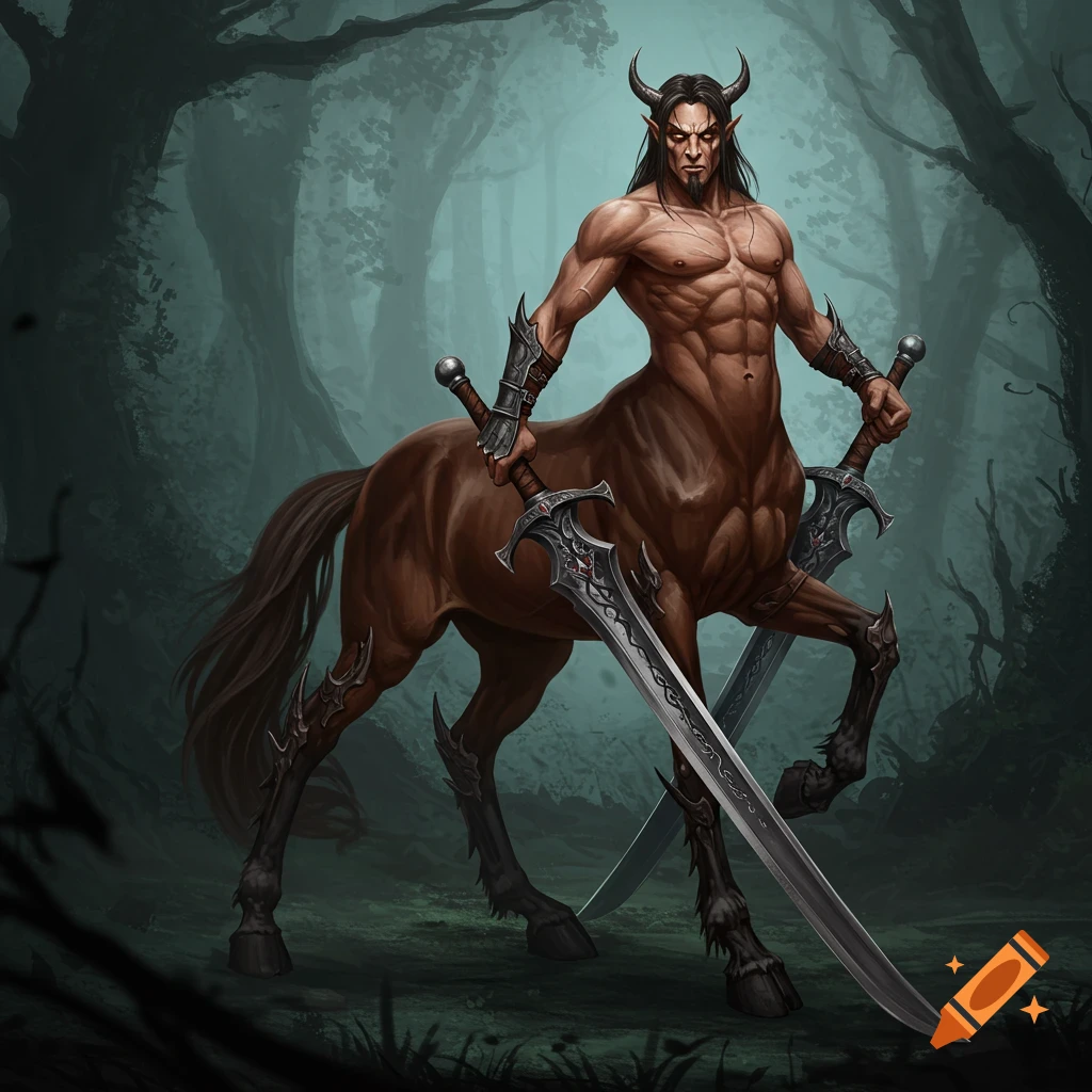 A muscular centaur with horns stands in a dark forest holding two swords.
