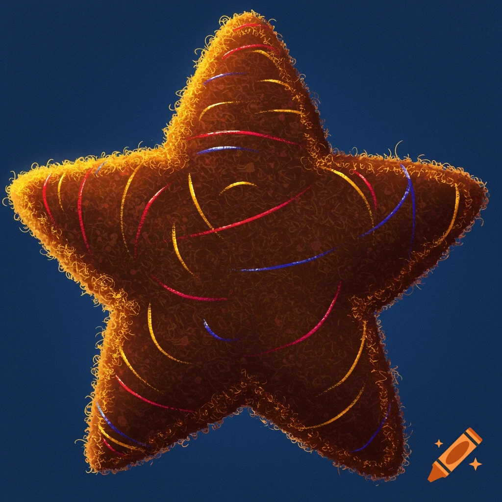 A brown fuzzy star with swirling red, yellow, and blue lines on a blue background.