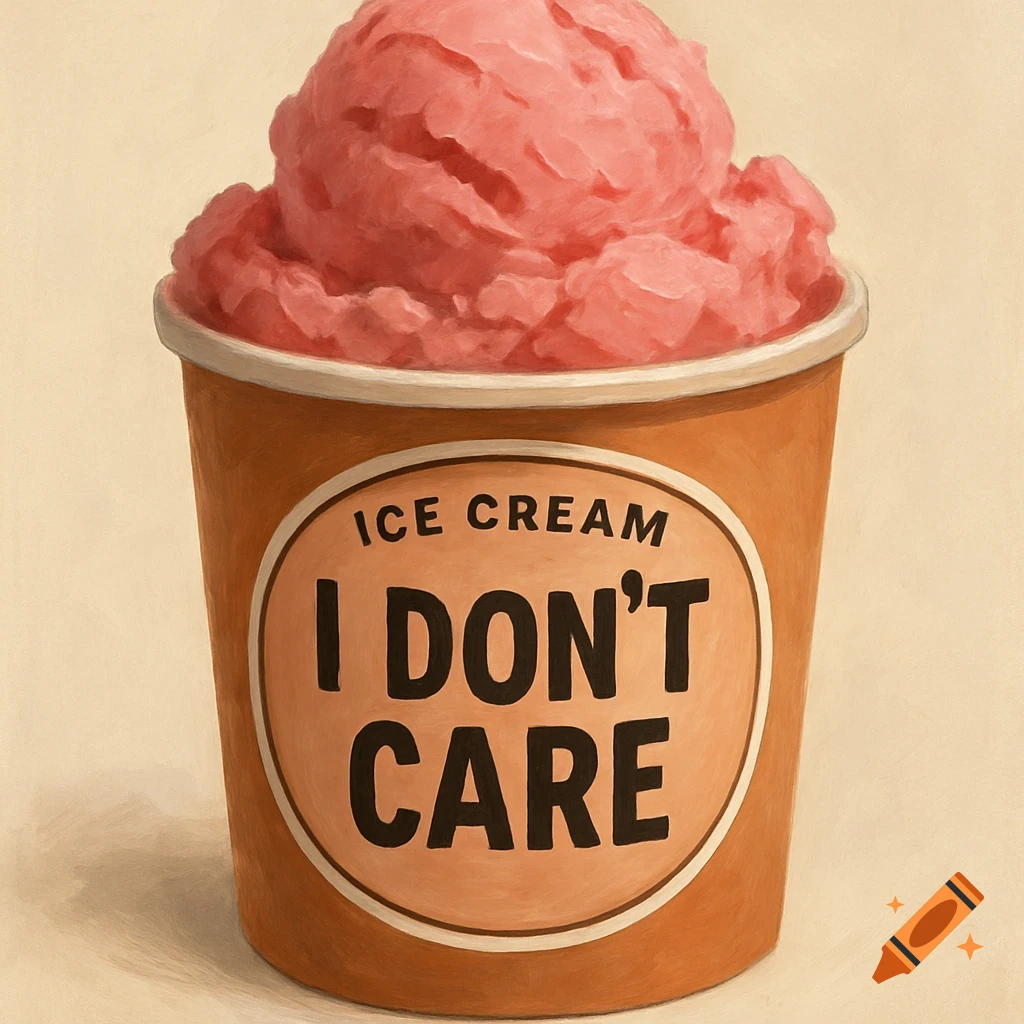 Painting of a cup of pink ice cream with a label that says 'ICE CREAM I DON'T CARE'.