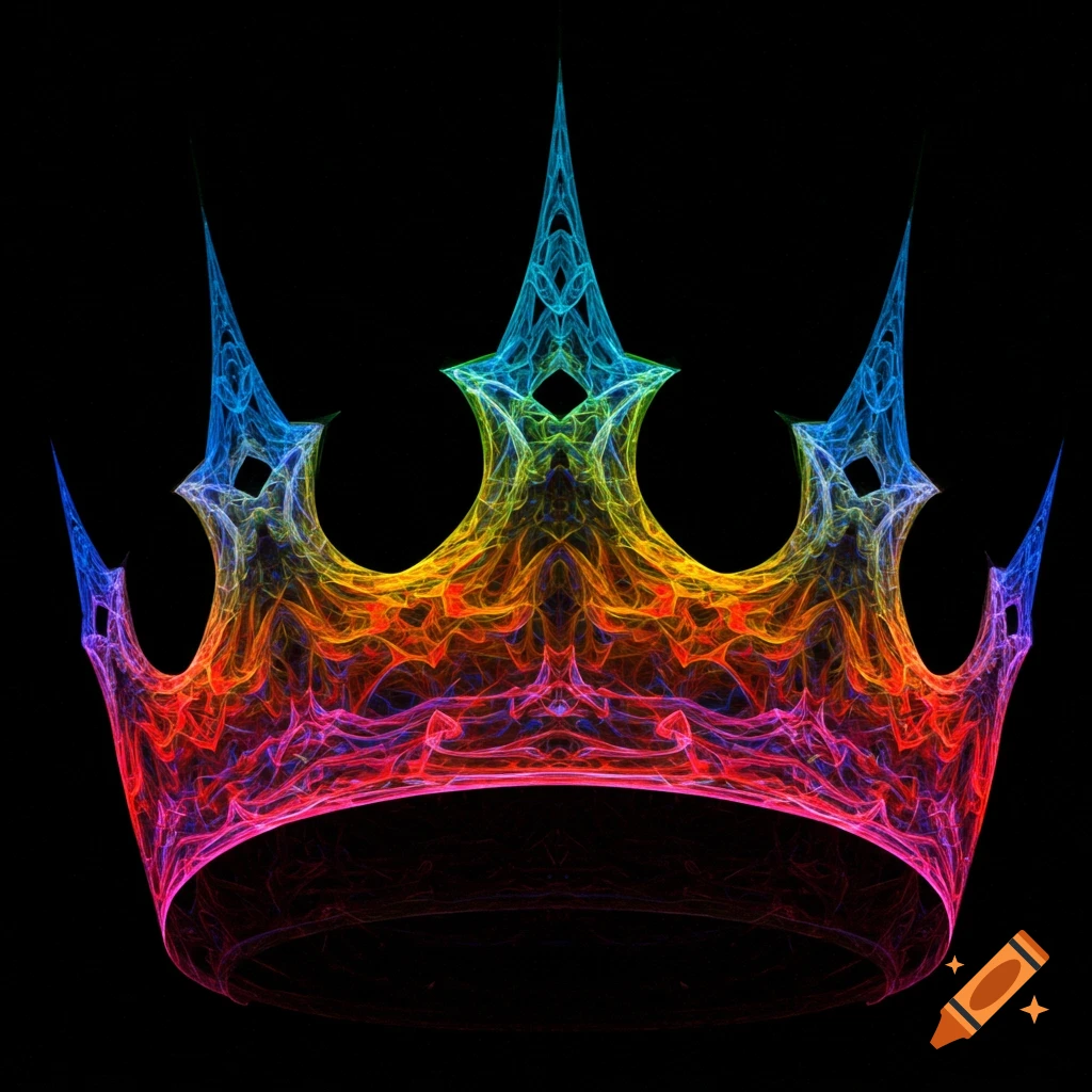 A vibrant, rainbow-colored fractal crown on a black background.
