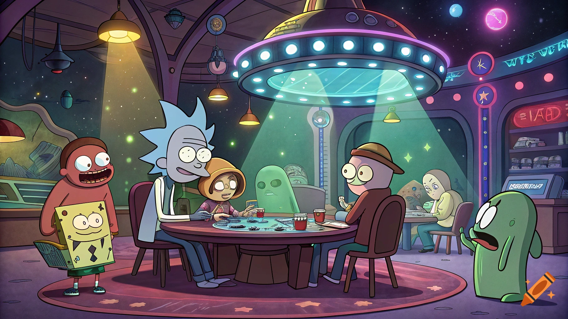 A cartoon scene of Rick and other characters playing cards in a vibrant alien space bar.