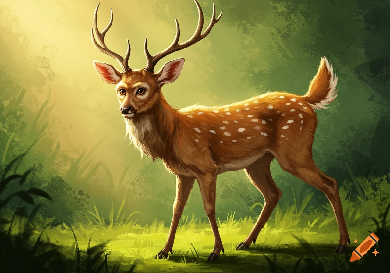 Stylized illustration of a spotted deer in a sunny forest.