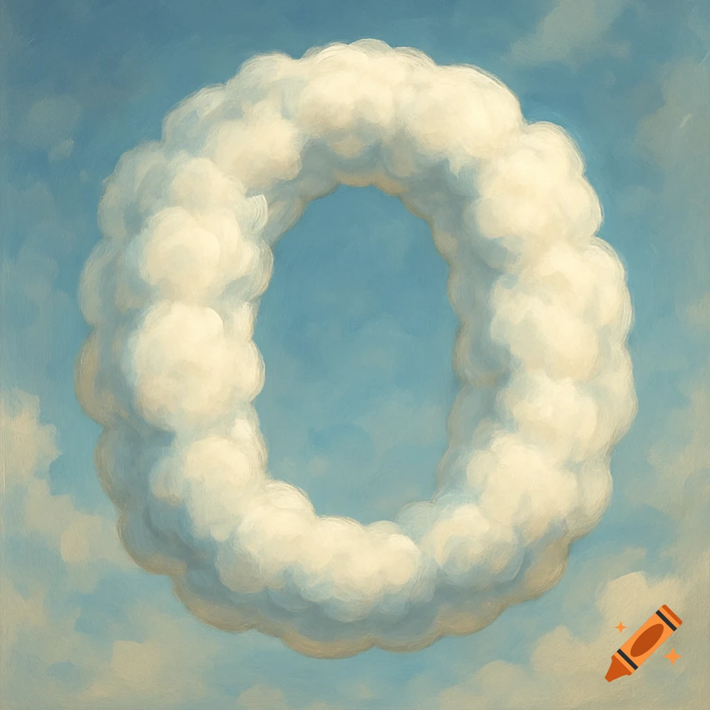 A large cloud formation shaped like the letter O floats in a blue sky with scattered clouds, in a painterly style.