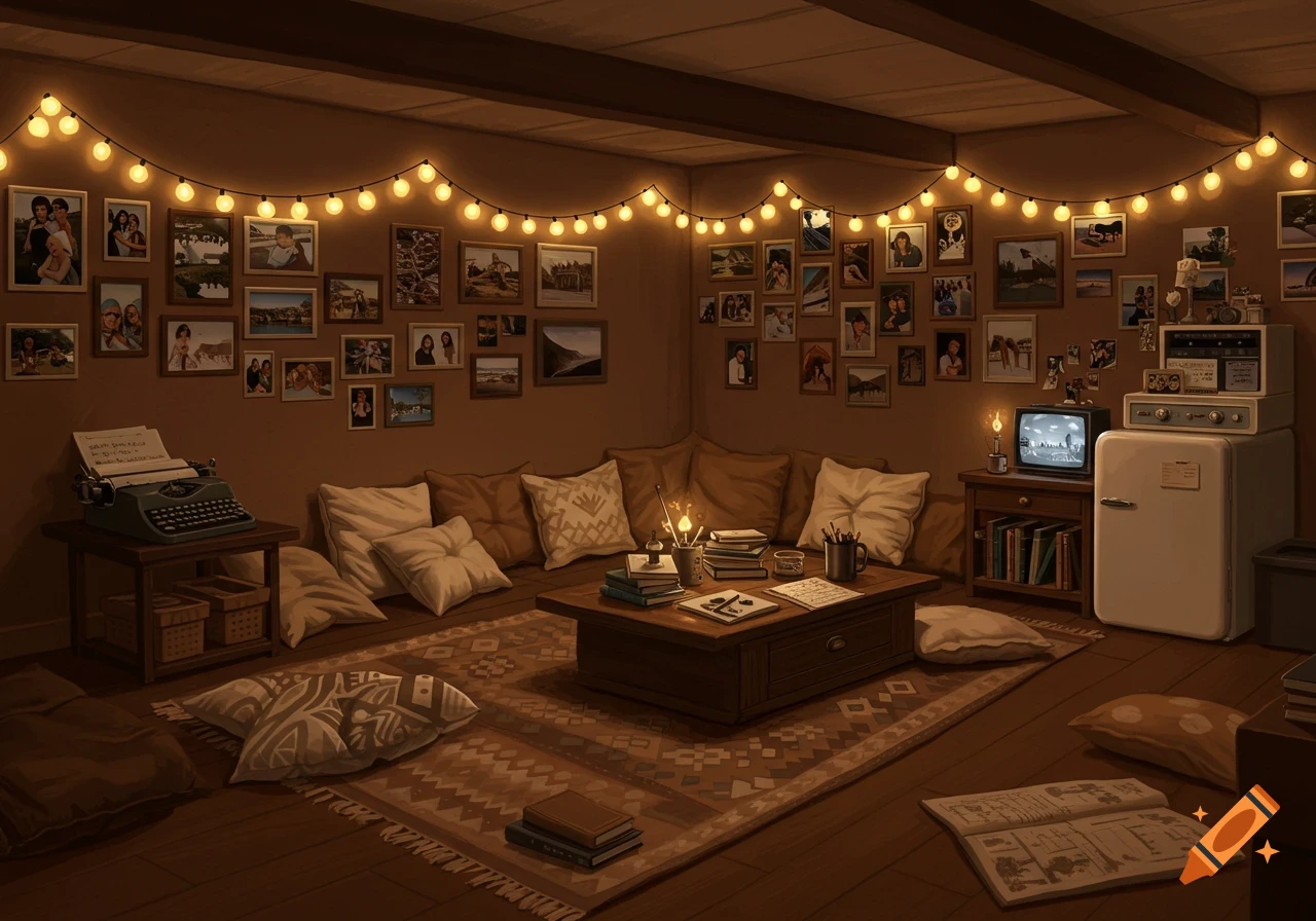 A cozy brown basement room with string lights, couch, coffee table, books, typewriter, fridge, TV, and photos.