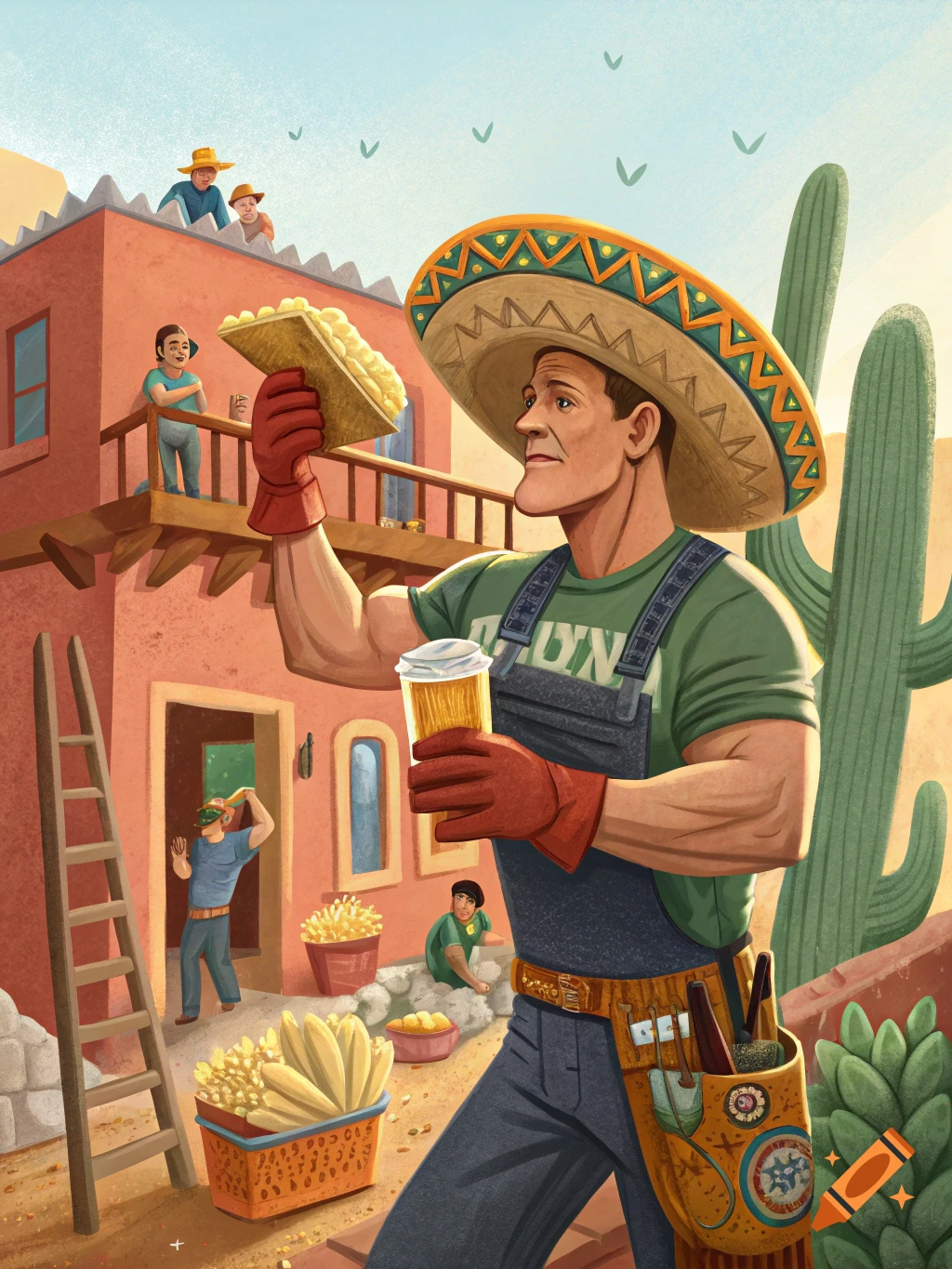 Stylized illustration of a man in a sombrero holding a taco and beer while people build a house behind him in a desert.