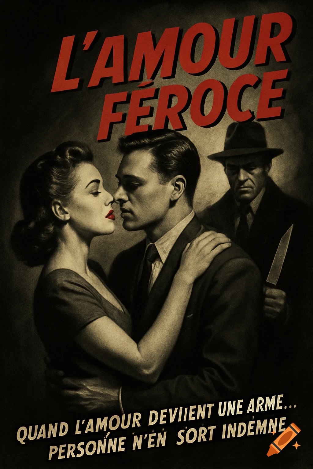 Vintage film noir poster of a couple embracing with a threatening man holding a knife behind them. Text reads 'L'AMOUR FÉROCE'.