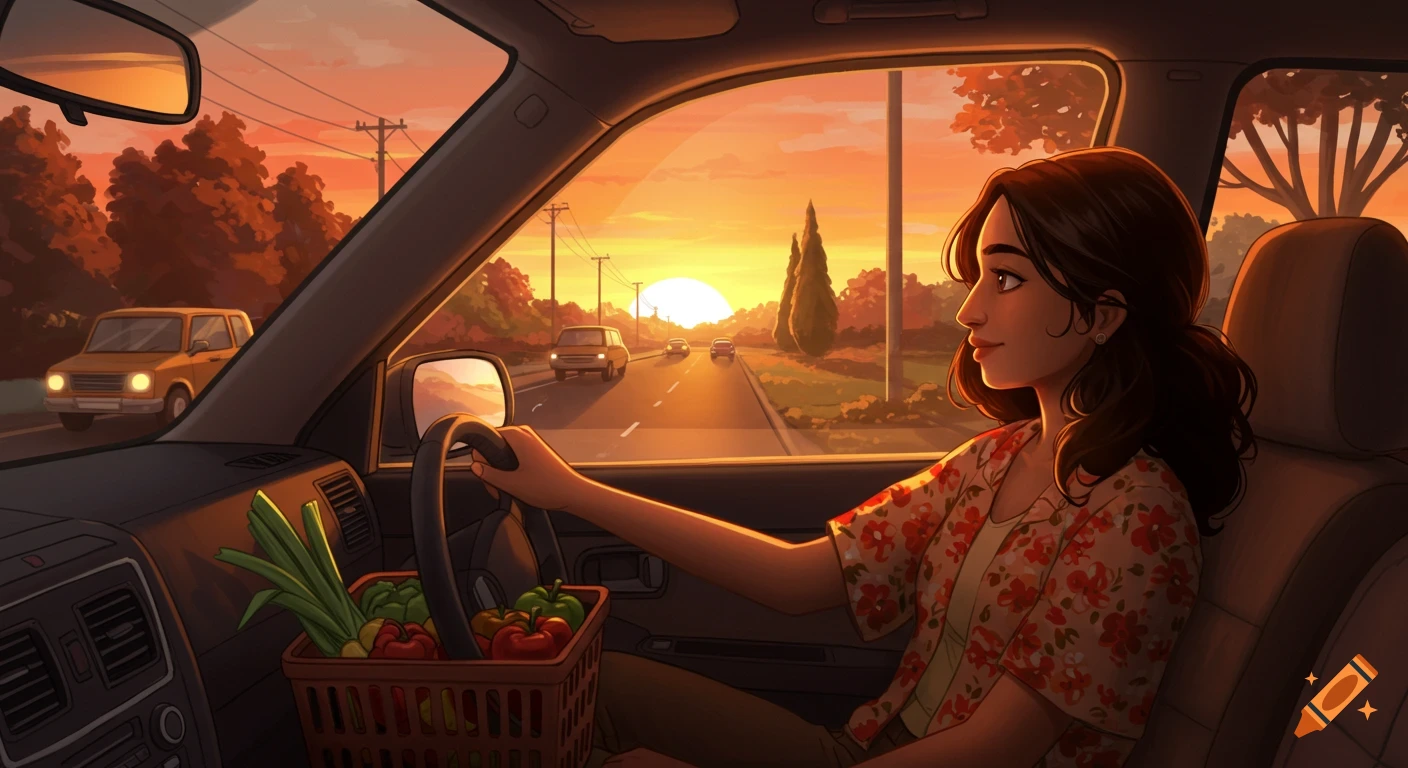 Stylized illustration of a woman driving a car at sunset with groceries.