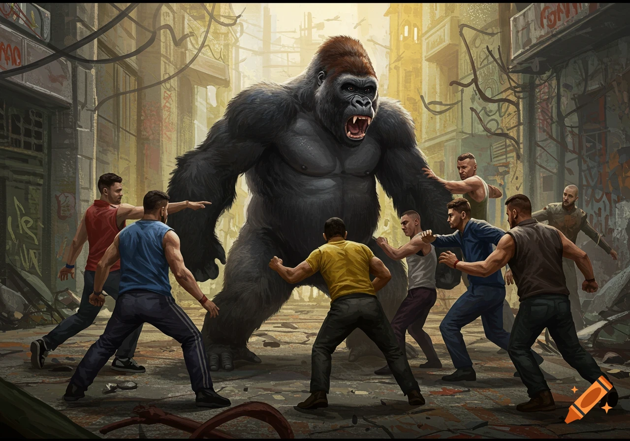 A giant gorilla battles several men in a ruined city street.