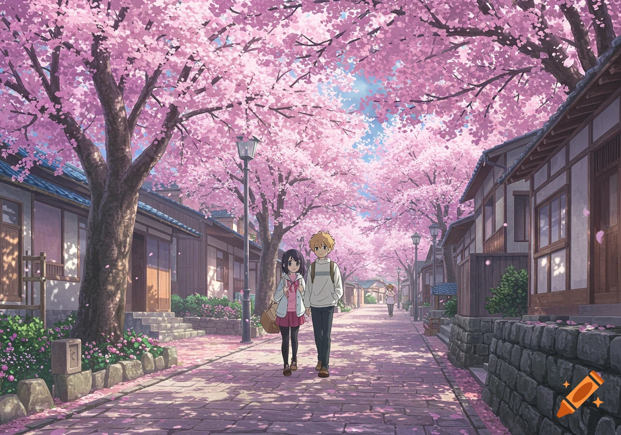Anime style image of a couple walking down a cobblestone street lined with pink cherry blossom trees and traditional Japanese buildings.