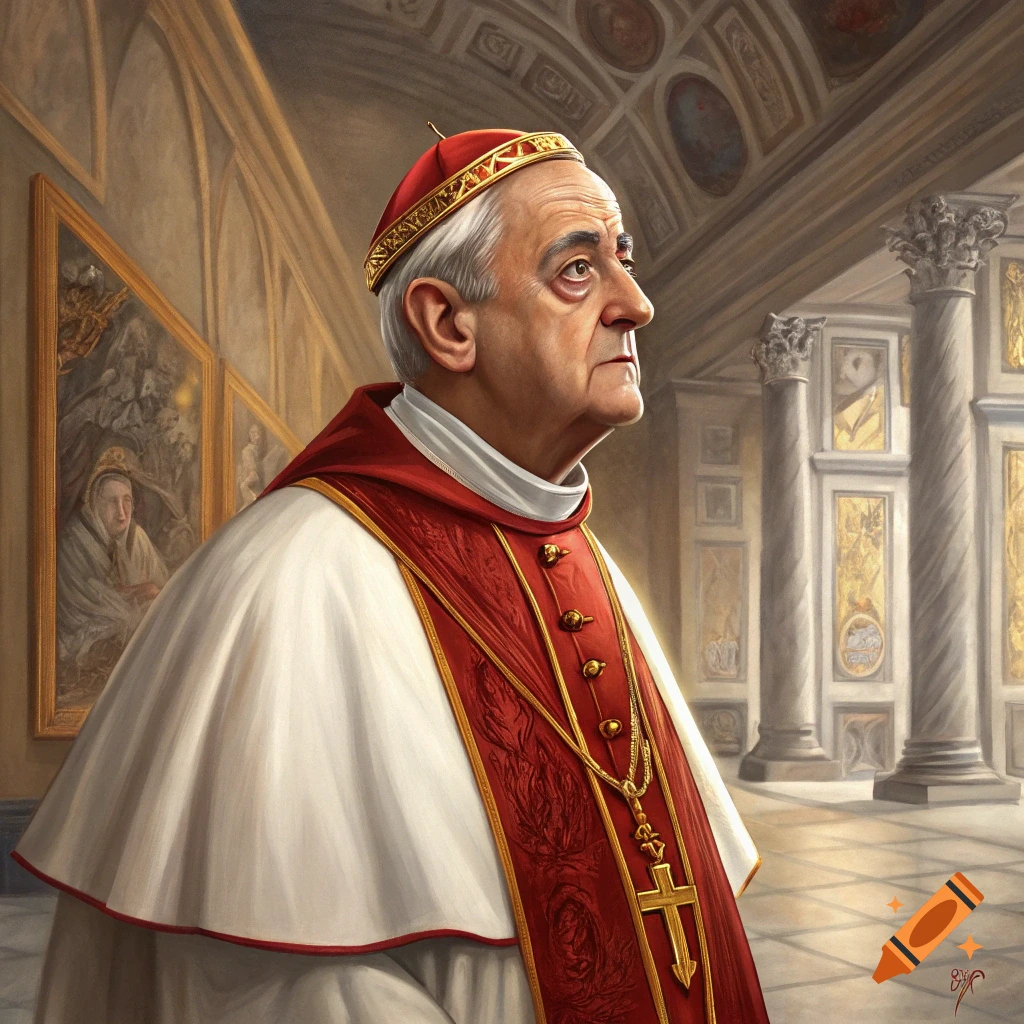 Side profile portrait of a man in papal attire standing in an ornate building.