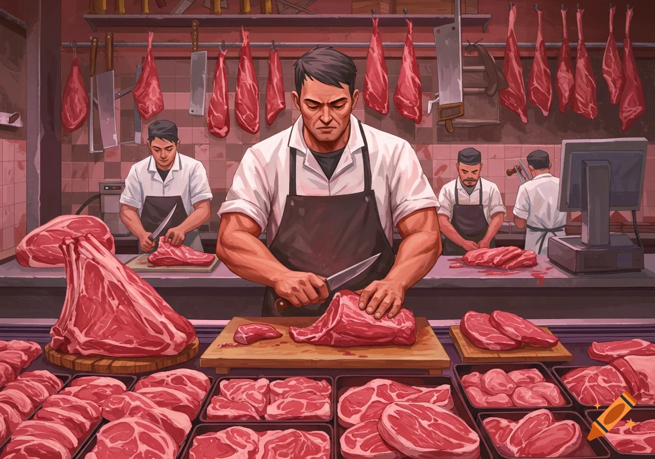 An illustration of butchers working in a meat shop, preparing cuts of raw meat displayed in cases and hanging from hooks.