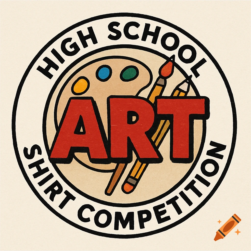Logo for a high school art shirt competition with text, a paint palette, brush, and pencil