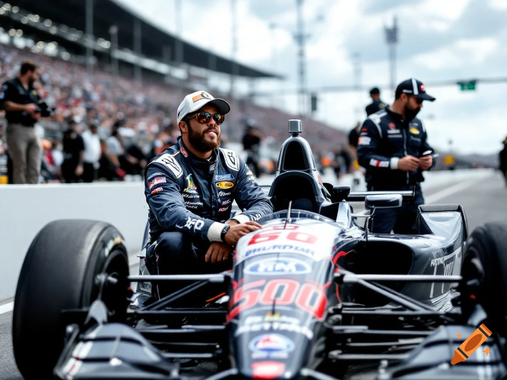A man resembling Kevin Hart sits on an IndyCar on a race track, looking towards the distance. Photorealistic.