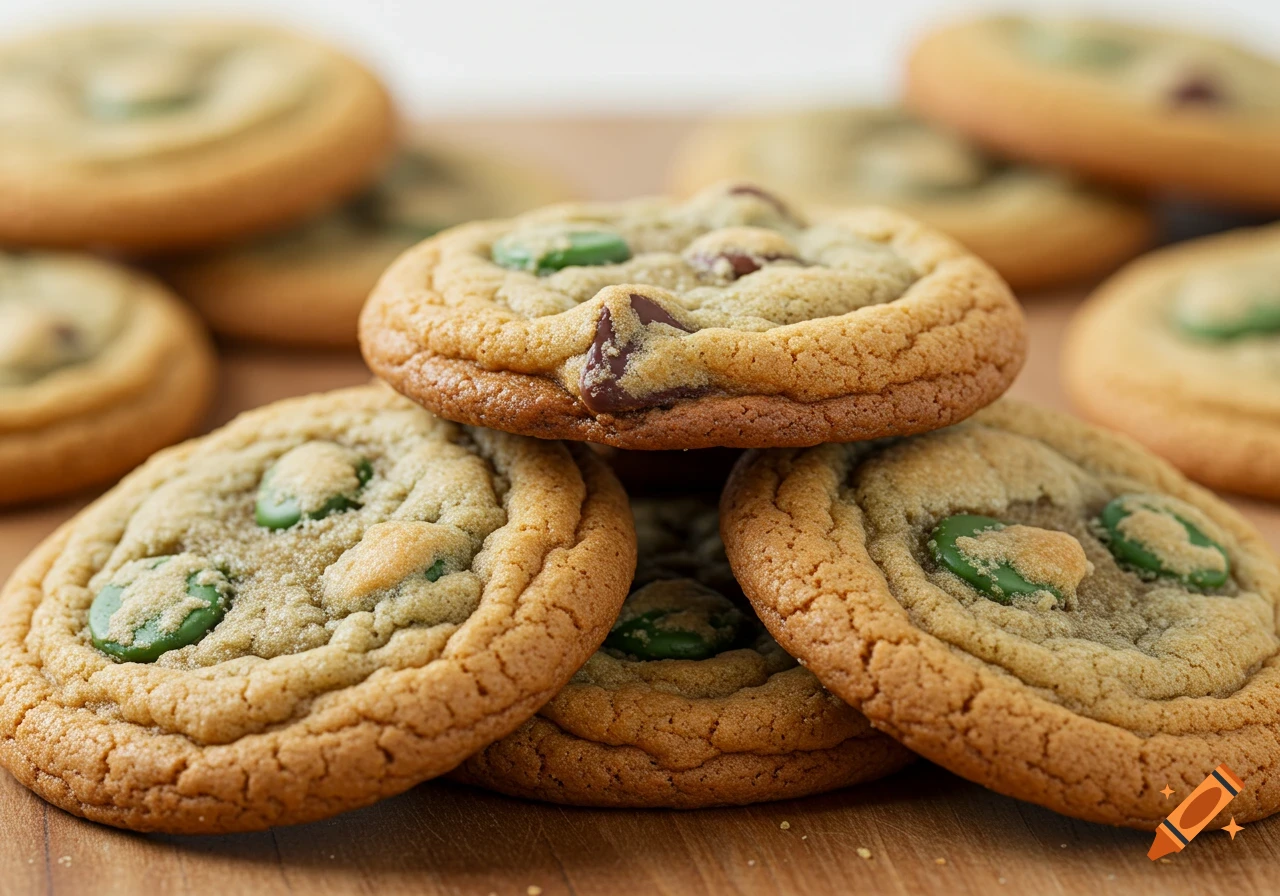 Close-up of stacked cookies with chocolate chips and green mint pieces on a wooden surface.