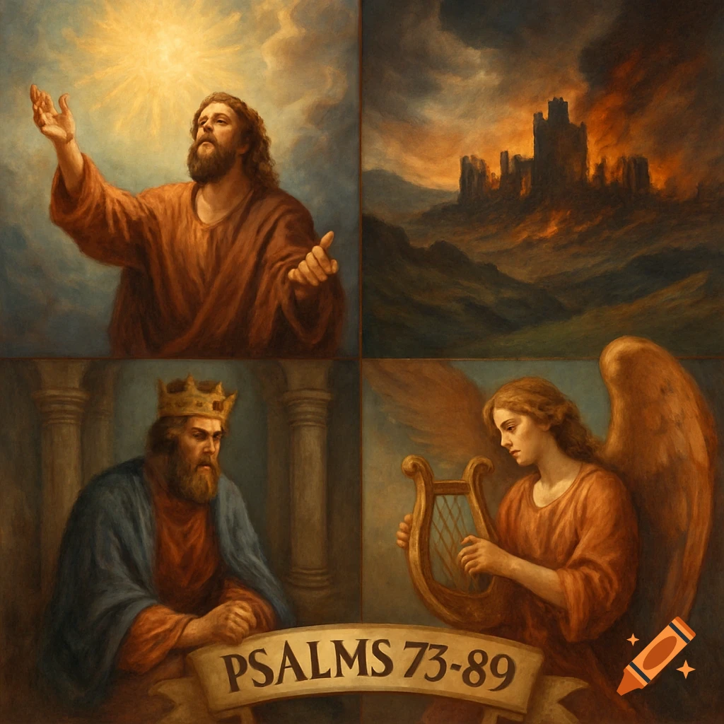 Four-panel illustration depicting biblical scenes with figures, a burning castle, and an angel, titled PSALMS 73-89