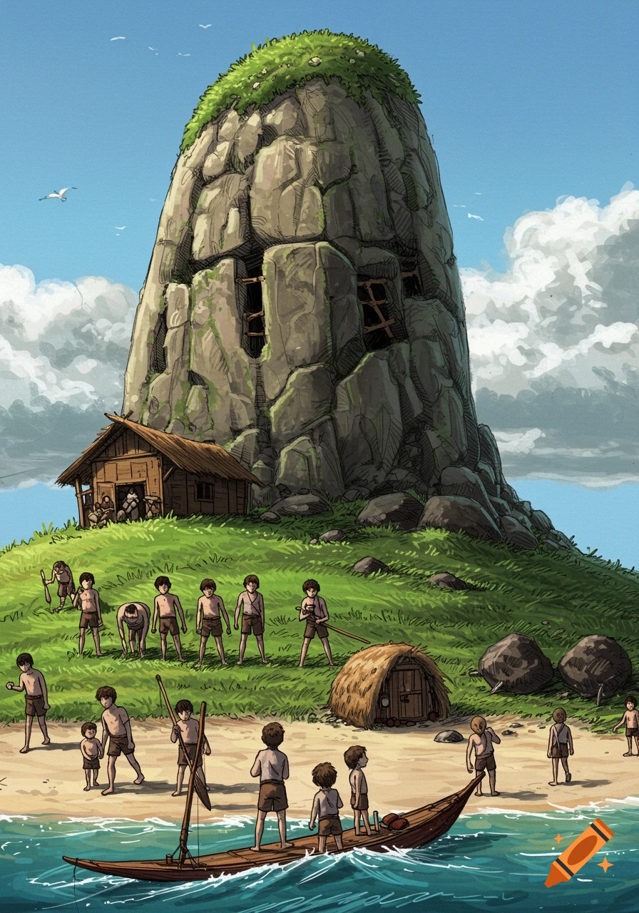 Illustration of boys on an island beach with a large rock mountain and a boat.