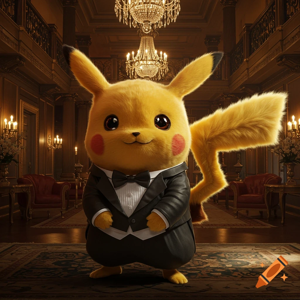 Pikachu wearing a tuxedo stands in a luxurious mansion room.