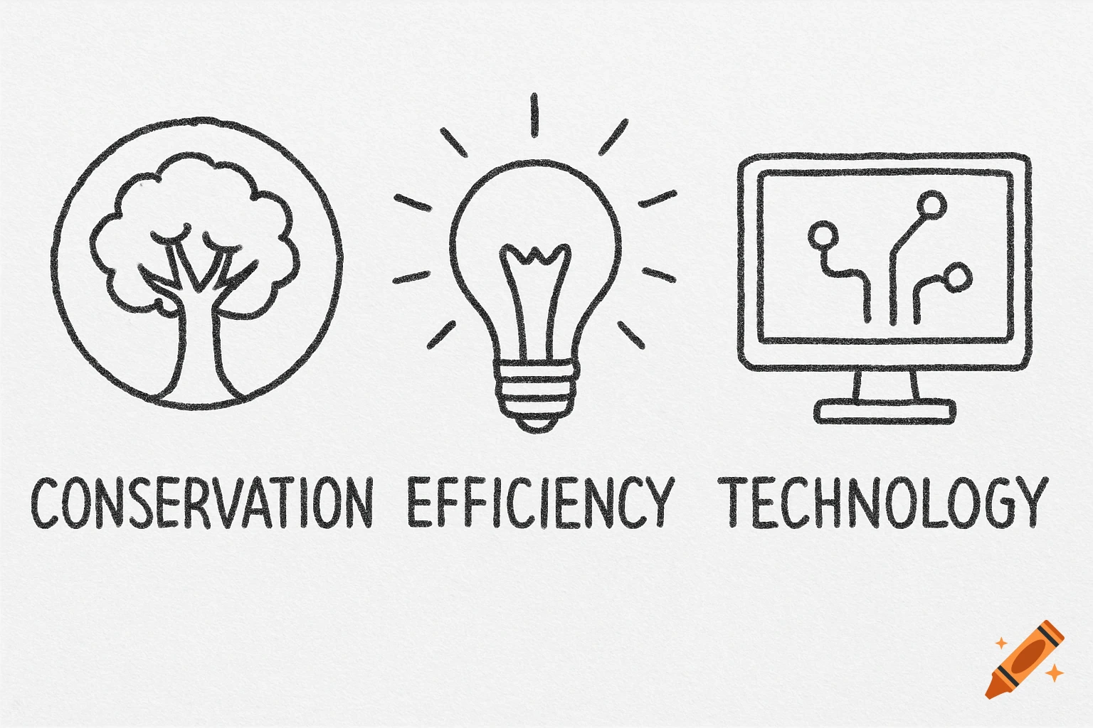 Sketch icons and text for conservation, efficiency, and technology.